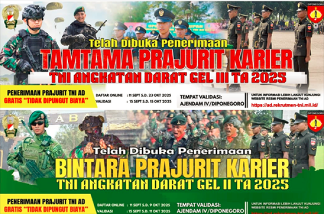 TNI AD Buka Pendaftaran Bintara dan Tamtama TA 2025 Secara Daring, Proses Seleksi Gratis